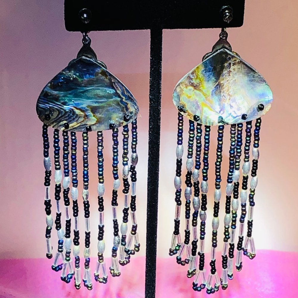 Vtg.Abalone Shell Beaded 4.5" Post Dusters~Dangles - image 2